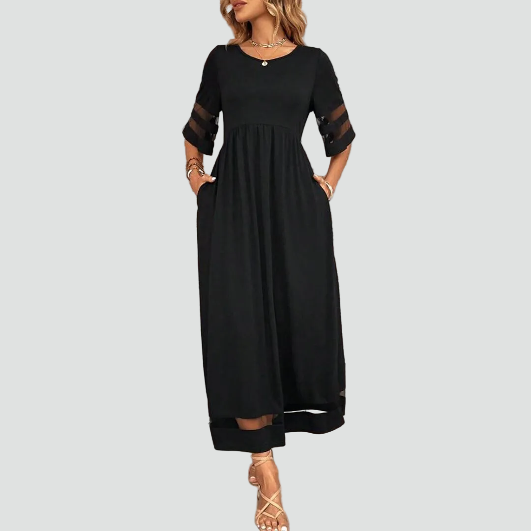 Luźna maxi sukienka damska z rękawem 3 4 i wstawkami z siateczki