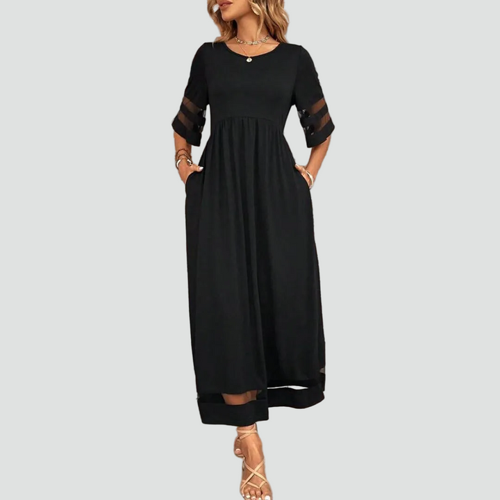 Luźna maxi sukienka damska z rękawem 3 4 i wstawkami z siateczki