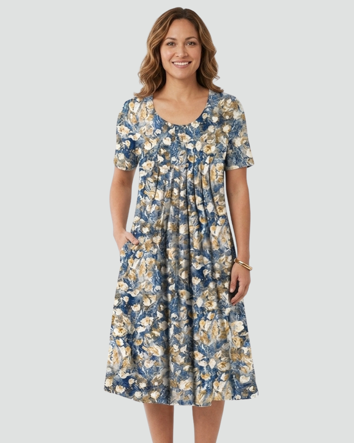 Midi feestjurk met kleine print en korte mouwen