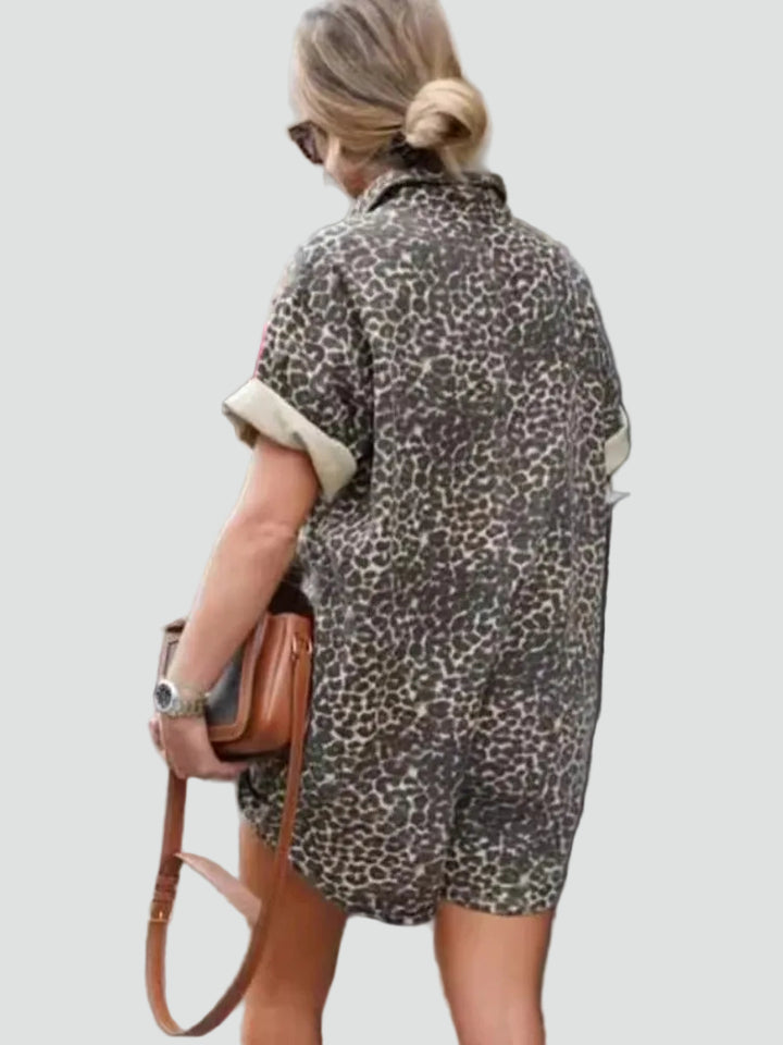 Summer leopard print jumpsuit with short sleeves for women