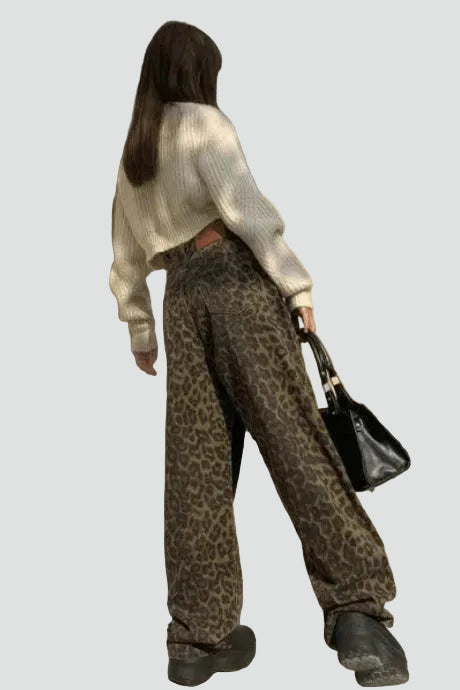 Brown leopard print palazzo jeans with wide legs