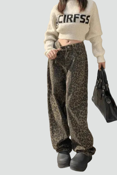 Brown leopard print palazzo jeans with wide legs