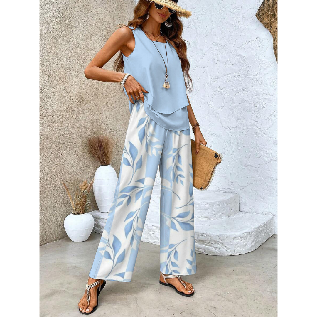 Letni damski komplet z topem i szerokimi spodniami