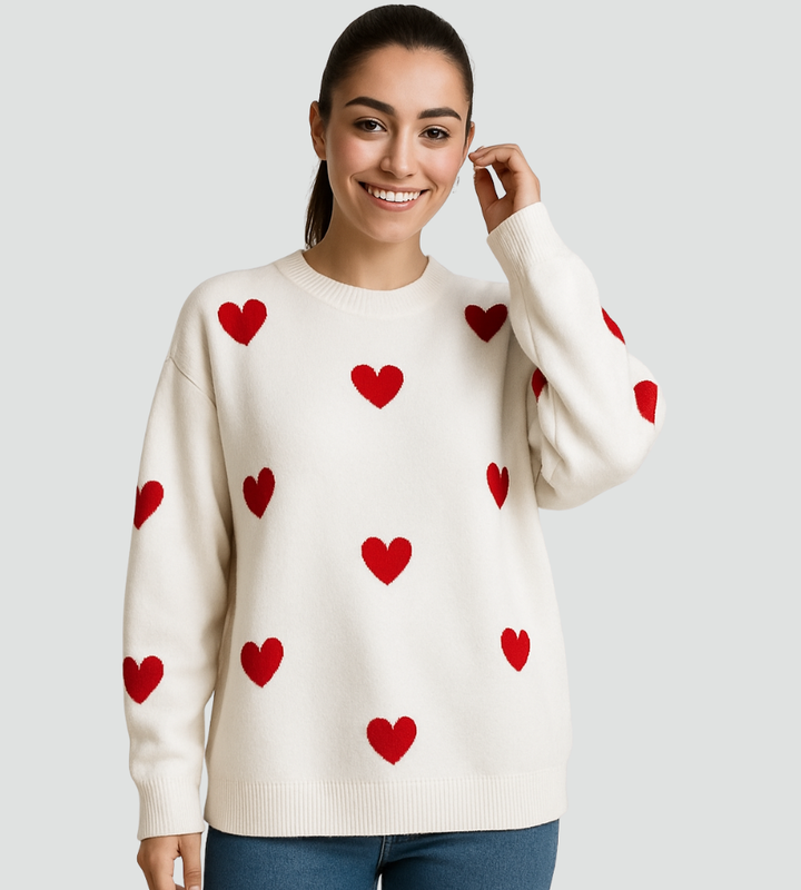Uroczy sweter damski oversize z serduszkami
