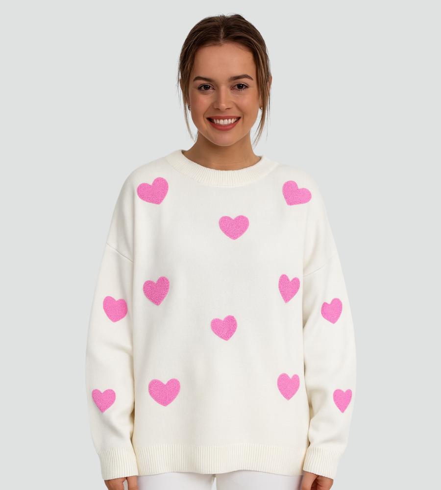 Uroczy sweter damski oversize z serduszkami