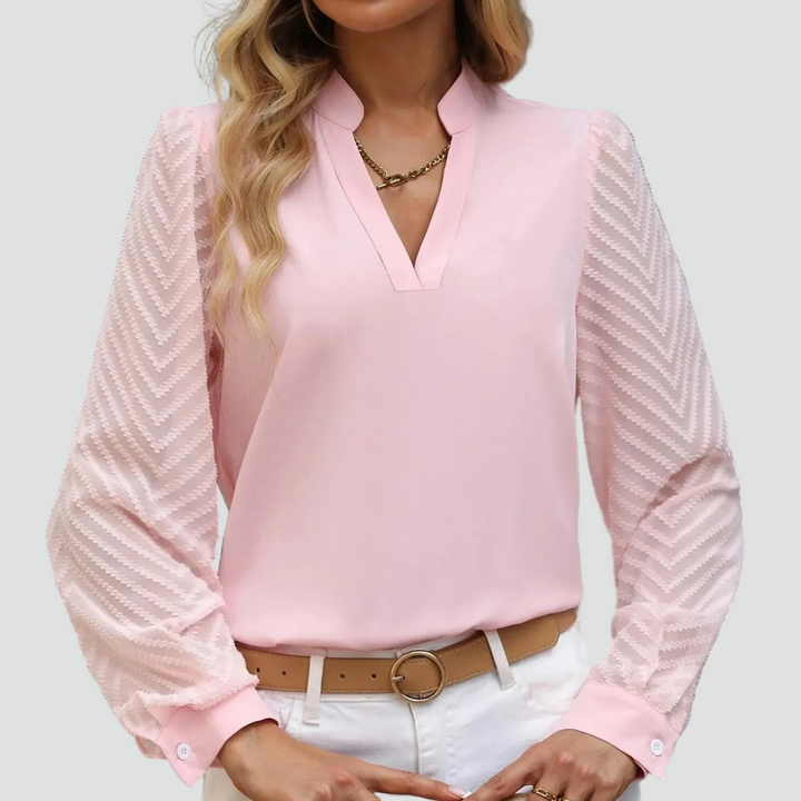 Light women's blouse with long sleeves and V-neckline