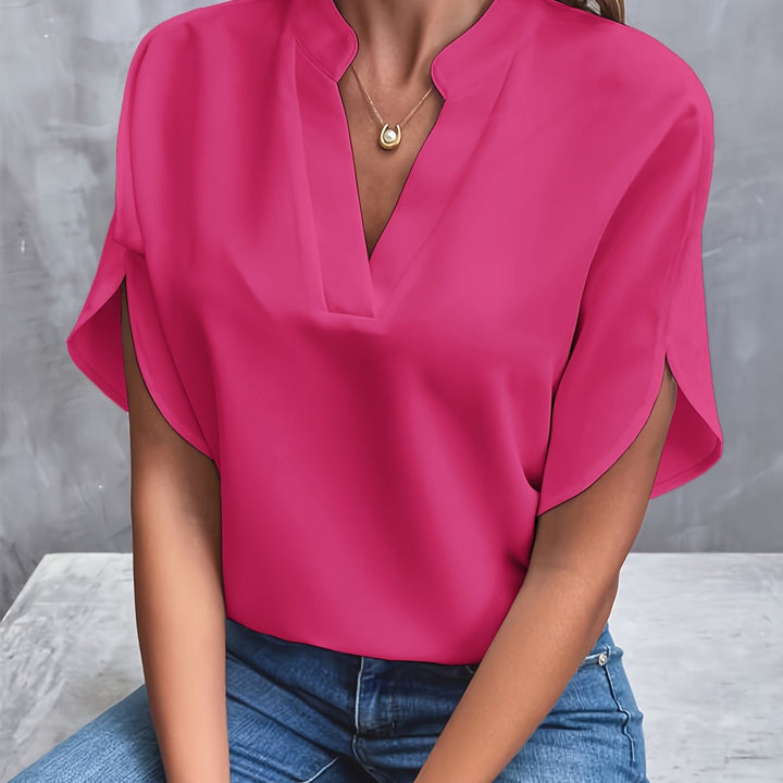 Dames elegante blouse met opstaande kraag en V-hals met vlindermouw