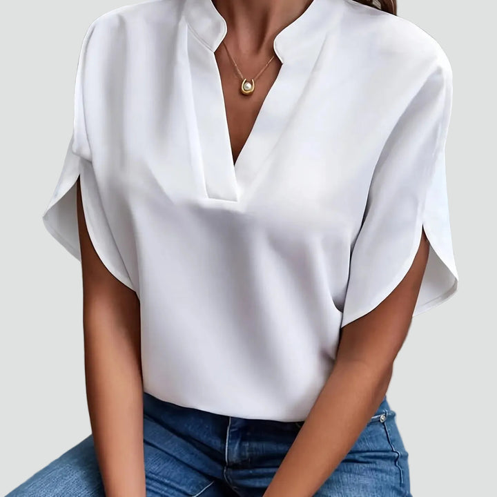 Dames elegante blouse met opstaande kraag en V-hals met vlindermouw