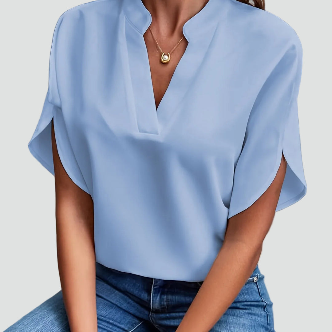 Dames elegante blouse met opstaande kraag en V-hals met vlindermouw