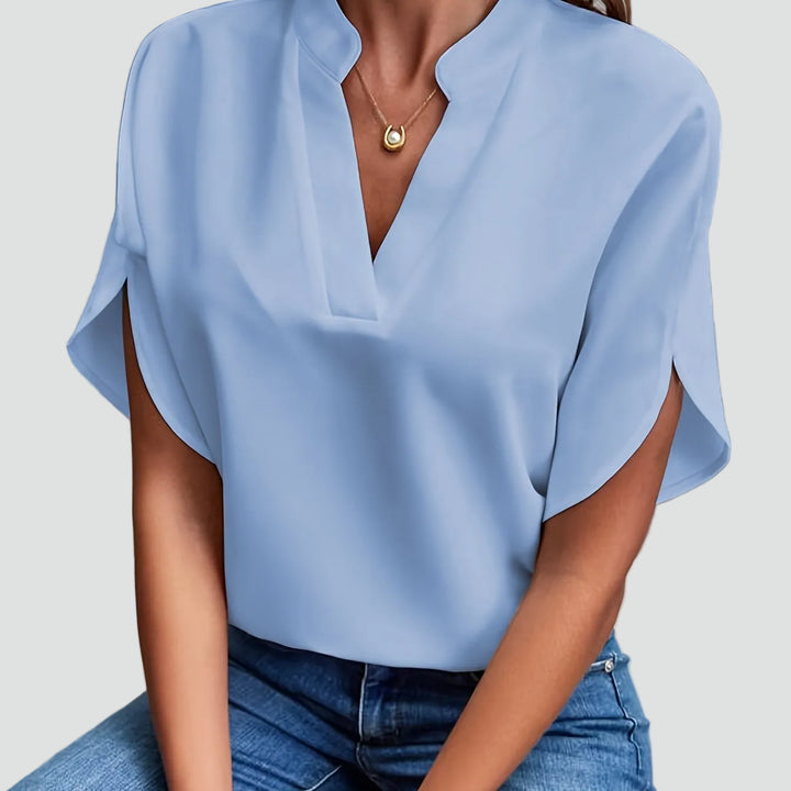 Dames elegante blouse met opstaande kraag en V-hals met vlindermouw