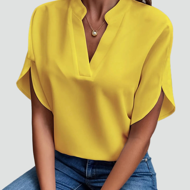 Dames elegante blouse met opstaande kraag en V-hals met vlindermouw
