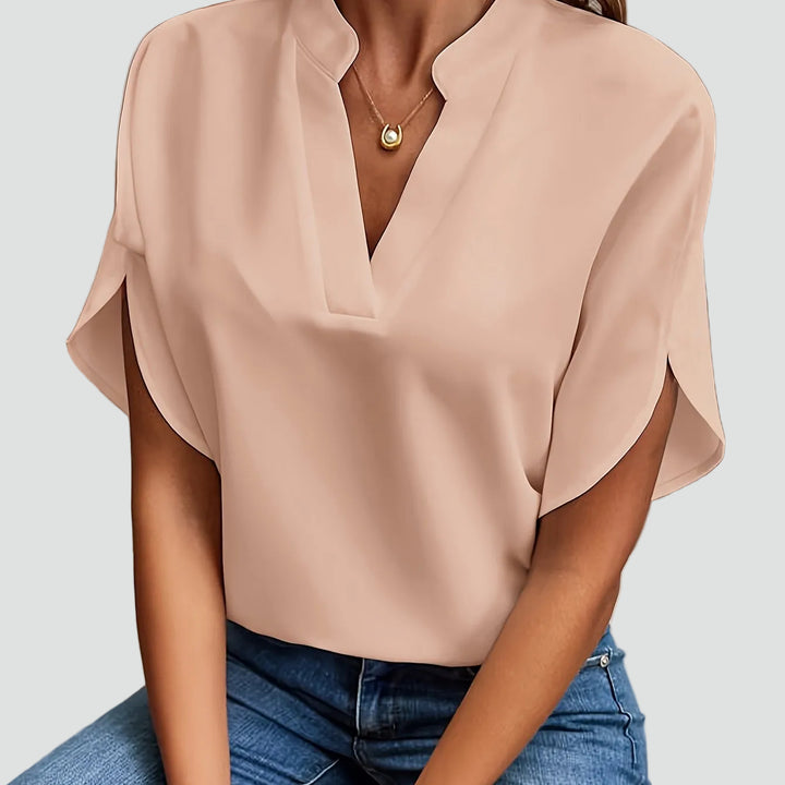 Dames elegante blouse met opstaande kraag en V-hals met vlindermouw