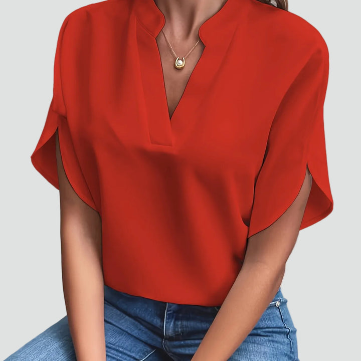 Dames elegante blouse met opstaande kraag en V-hals met vlindermouw