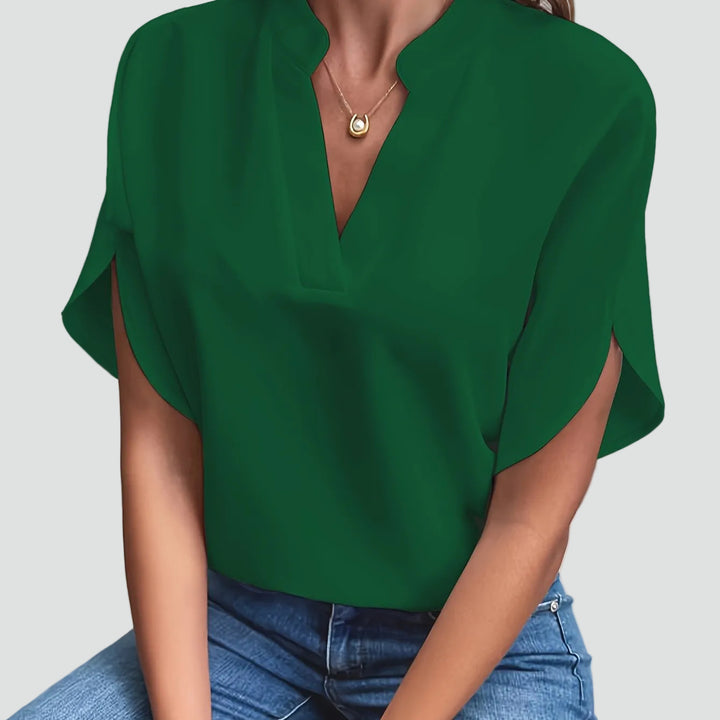 Dames elegante blouse met opstaande kraag en V-hals met vlindermouw