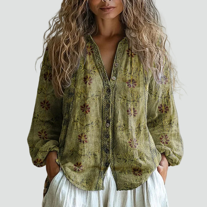 Dames blouse bohemien wijdvallend met lange mouw en V-hals