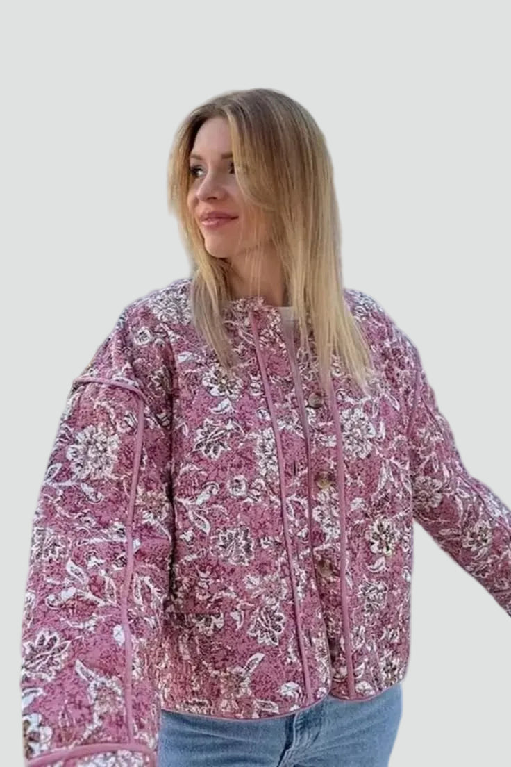 Short pink quilted women's jacket with floral pattern
