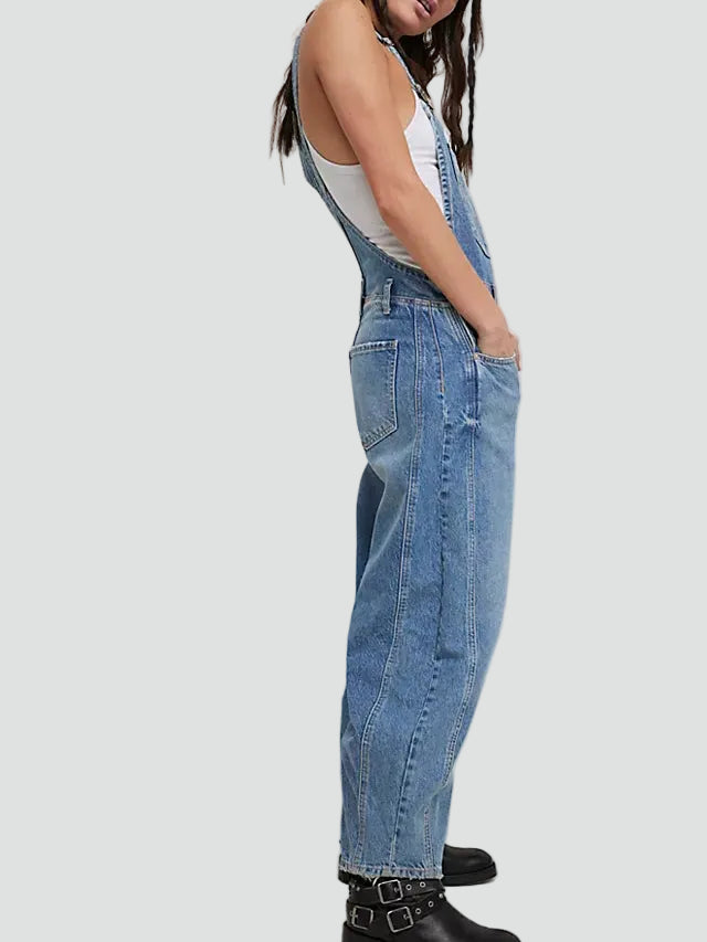 Women's denim overalls with wide legs and pockets