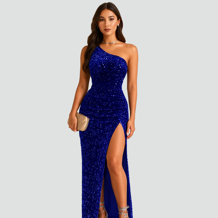 Evening maxi dress one-shoulder with slit fitted