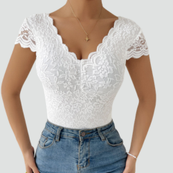 Lace bodysuit for women with V-neck and short sleeves