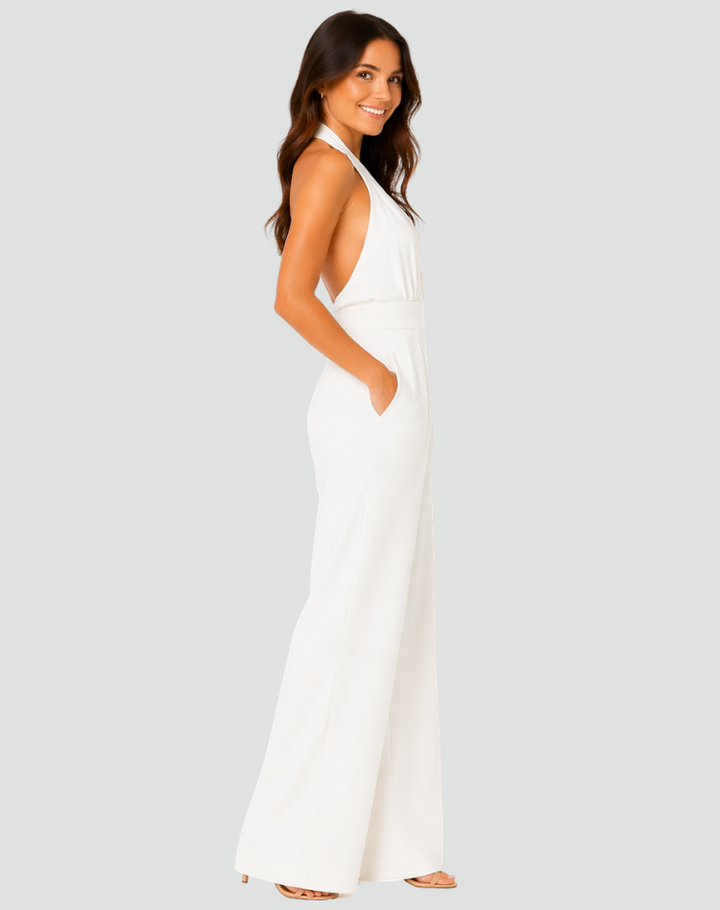 Formal jumpsuit with wide legs and a deep V-neckline