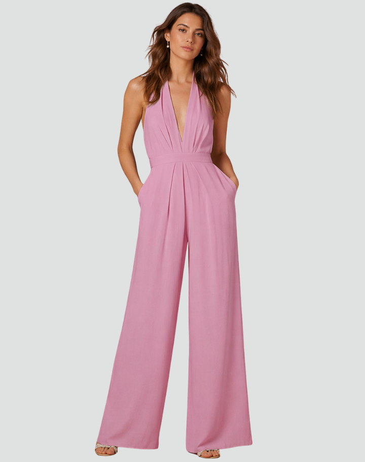 Formal jumpsuit with wide legs and a deep V-neckline