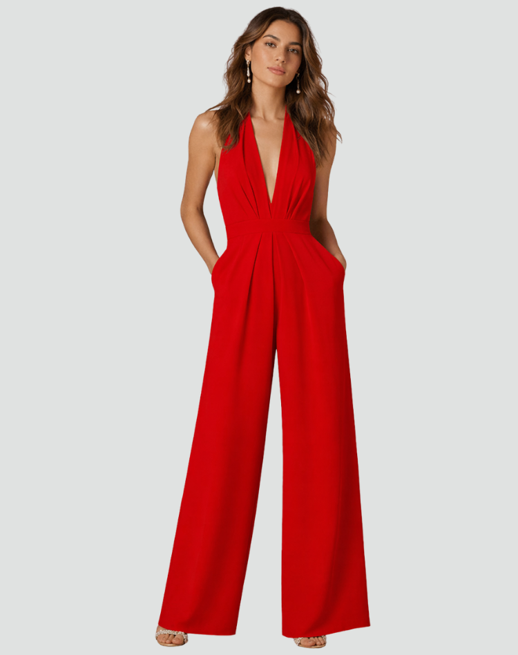 Formal jumpsuit with wide legs and a deep V-neckline