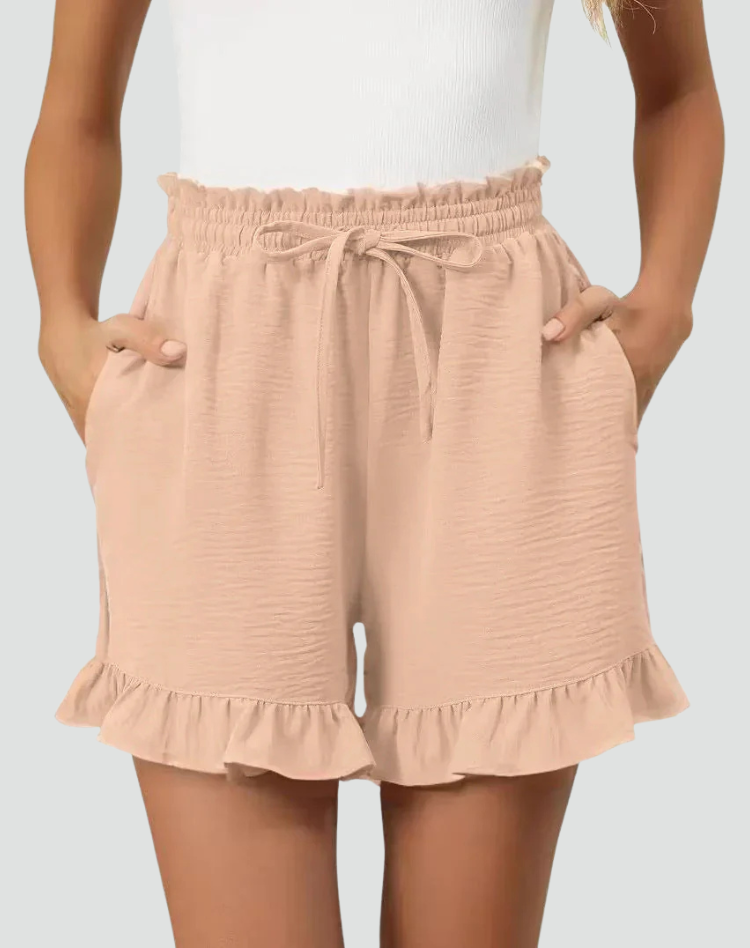 Comfortable summer shorts with ruffles and a waist tie