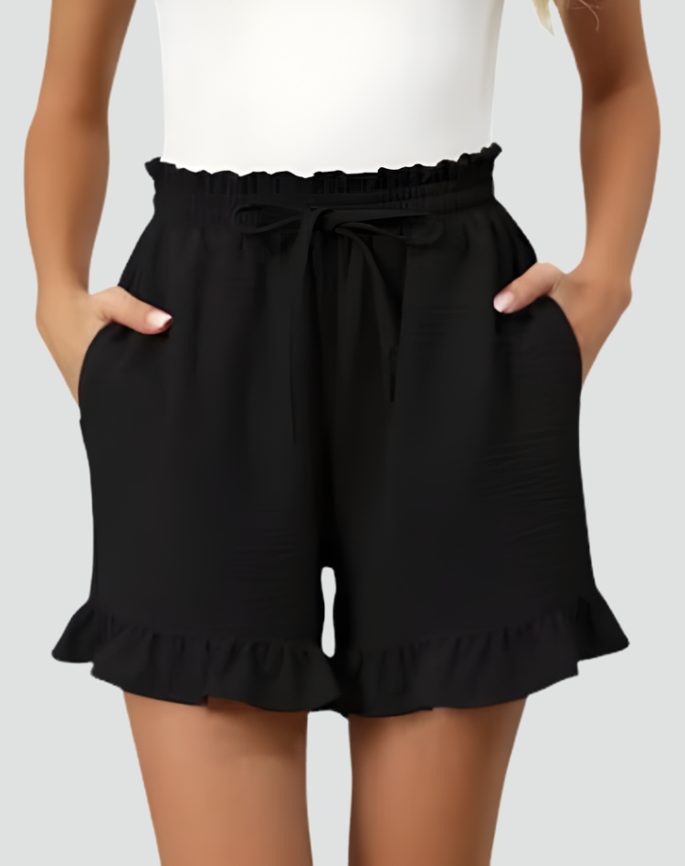 Comfortable summer shorts with ruffles and a waist tie