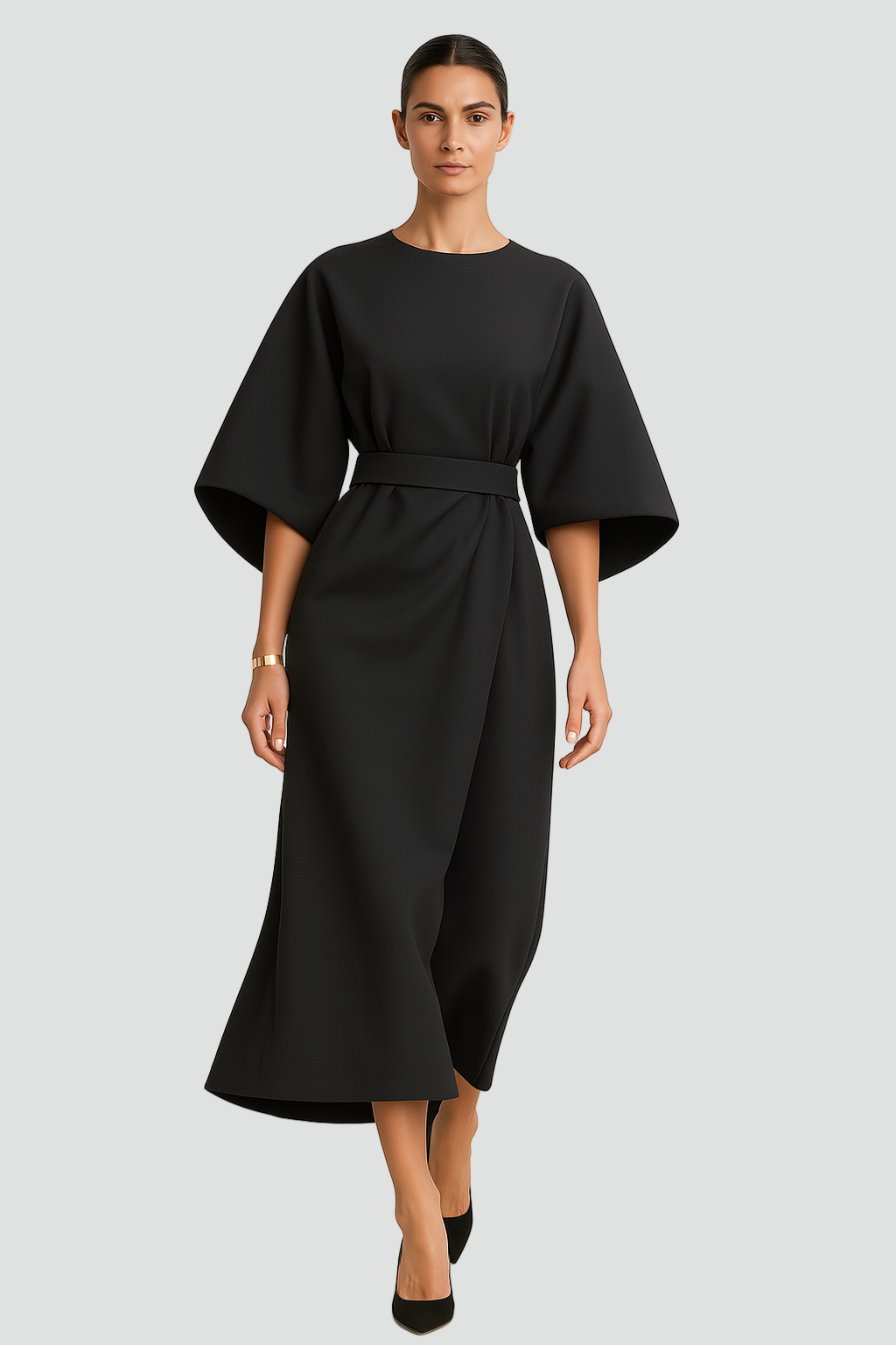 Wyrafinowana elegancka sukienka damska z paskiem i rękawami