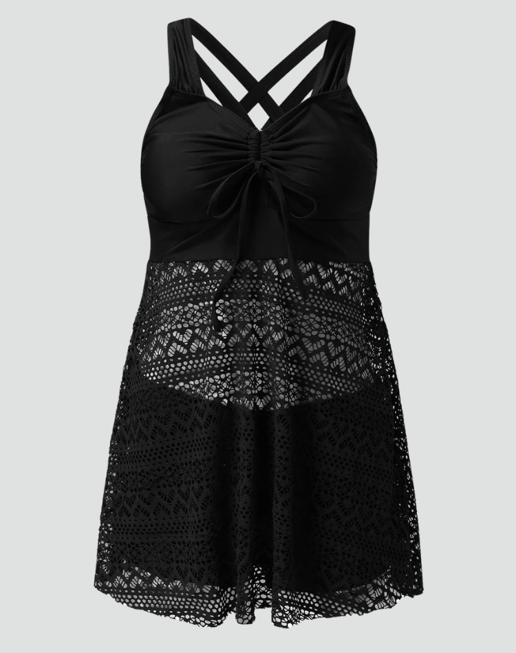 Slimming tankini with shorts and lace skirt plus size