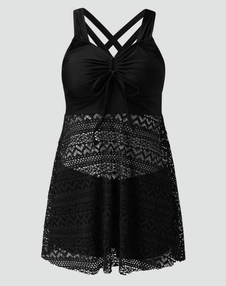 Slimming tankini with shorts and lace skirt plus size