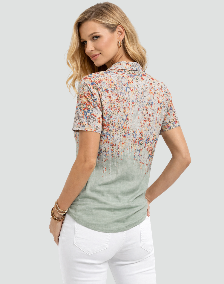 Patterned short-sleeve blouse with a zipper at the neckline
