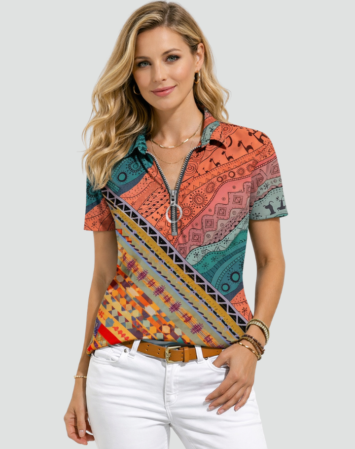 Patterned short-sleeve blouse with a zipper at the neckline