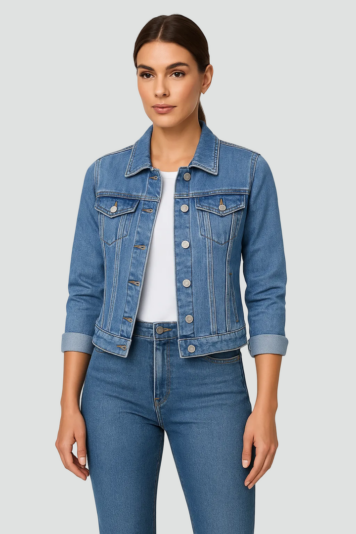 Women's denim look jacket with buttons and pockets