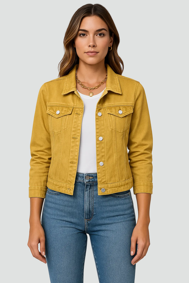 Women's denim look jacket with buttons and pockets