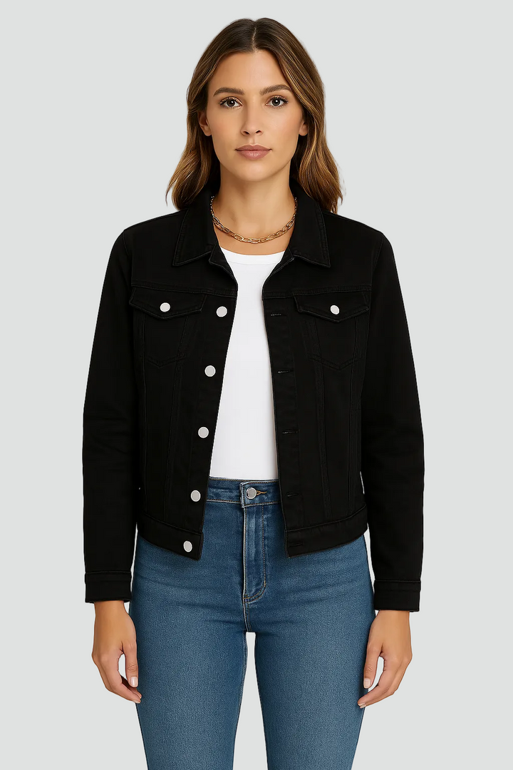 Women's denim look jacket with buttons and pockets