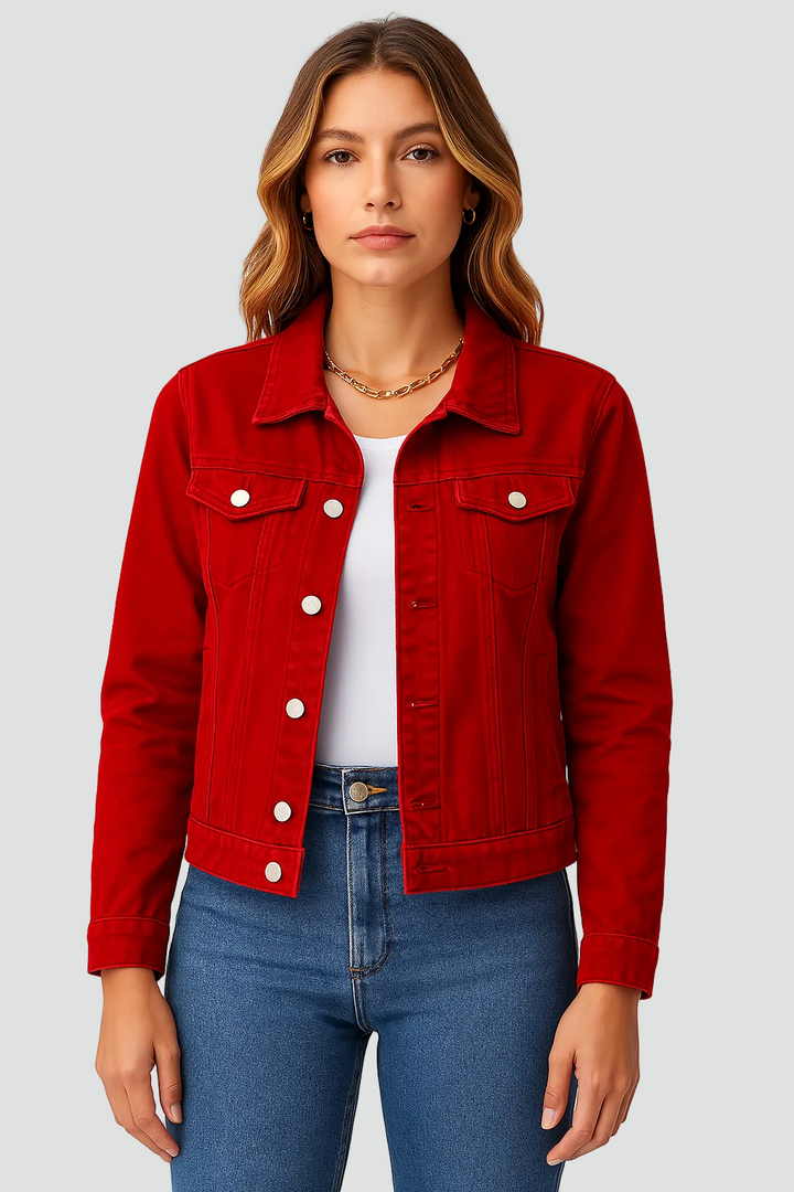 Women's denim look jacket with buttons and pockets