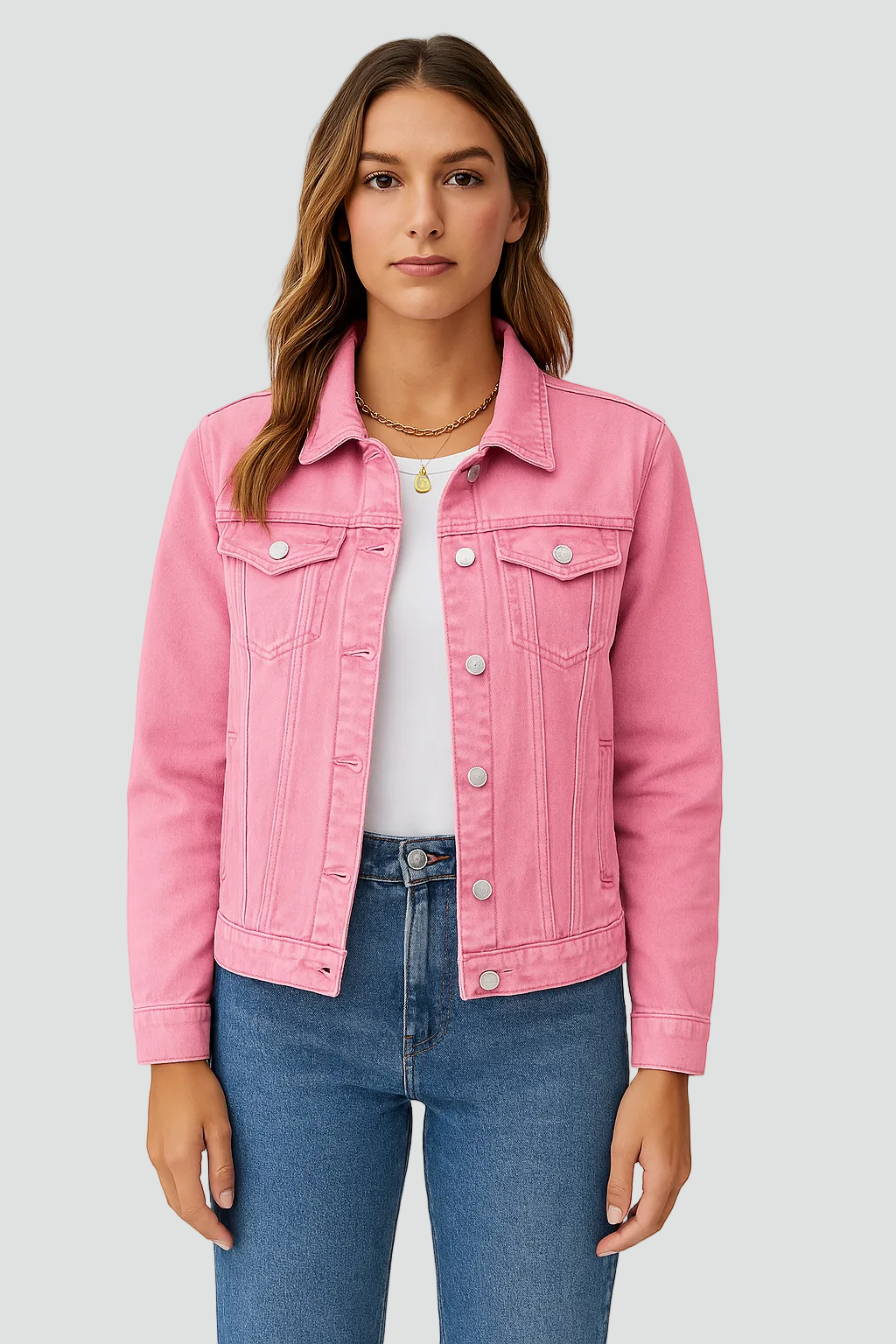 Women's denim look jacket with buttons and pockets