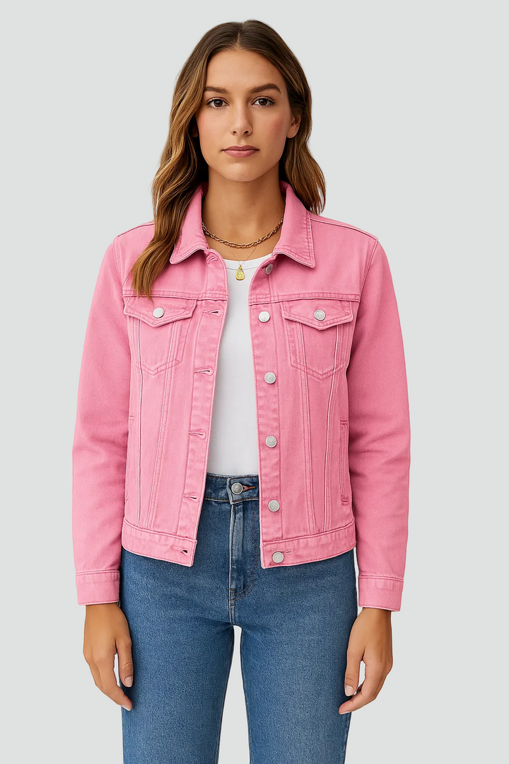 Women's denim look jacket with buttons and pockets