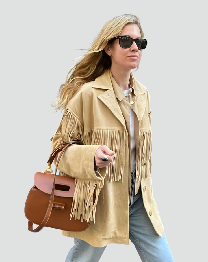 Women's boho suede jacket with fringes and buttons