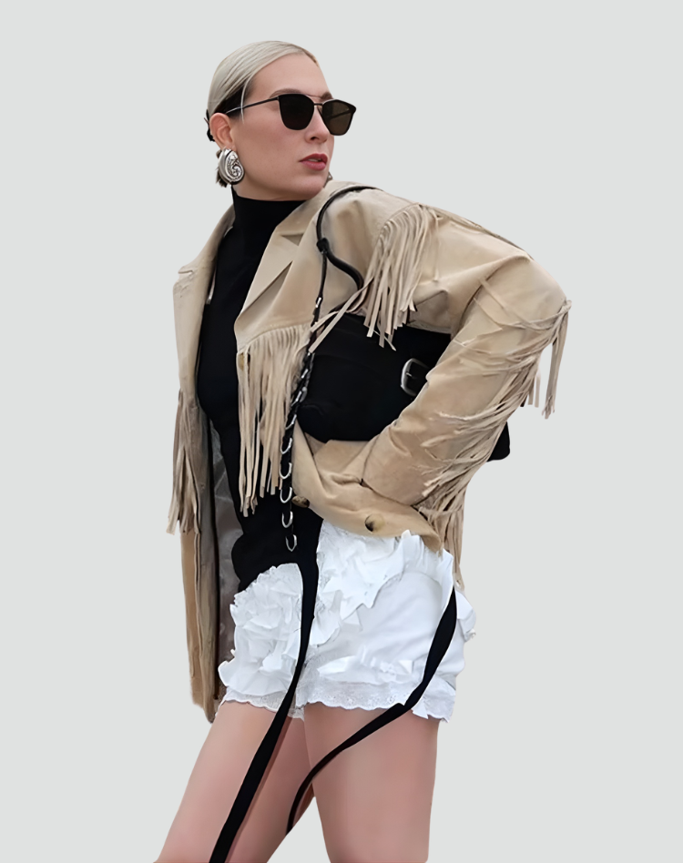 Women's boho suede jacket with fringes and buttons
