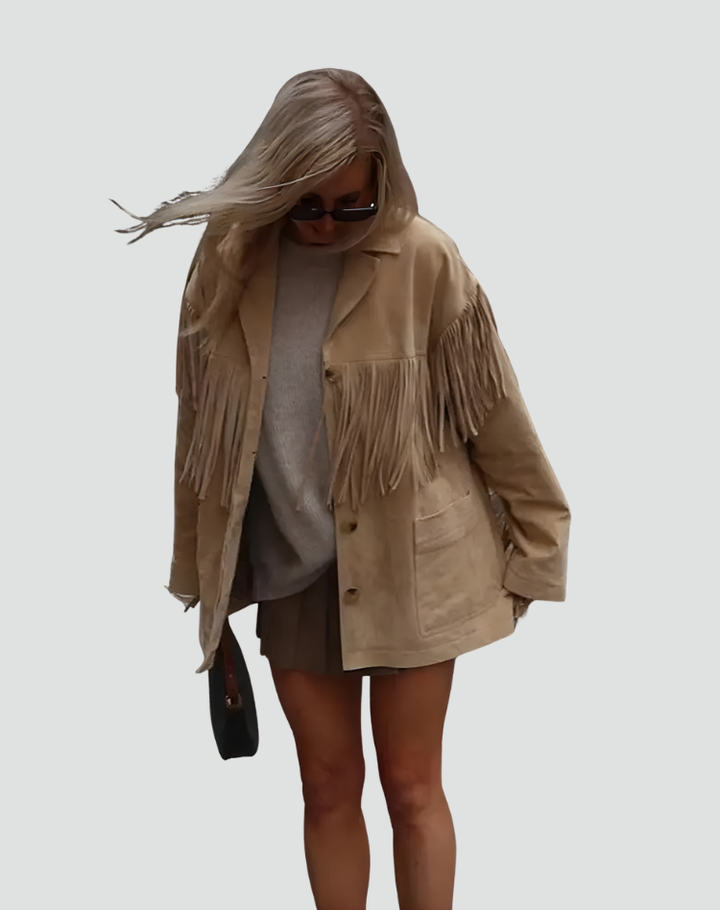 Women's boho suede jacket with fringes and buttons