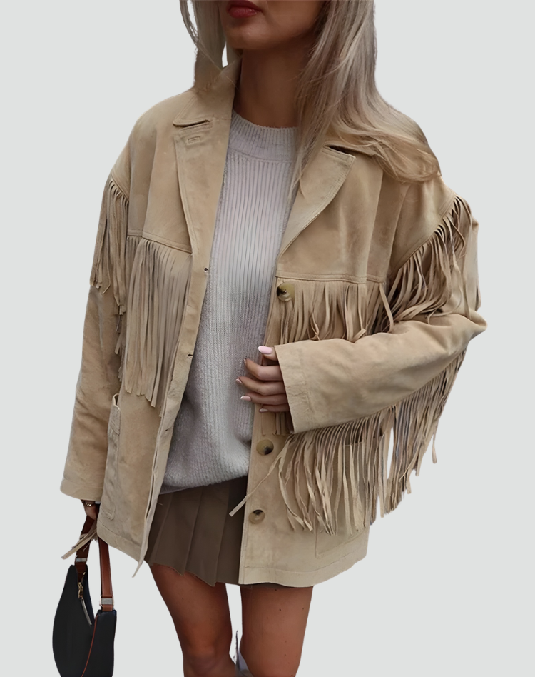 Women's boho suede jacket with fringes and buttons