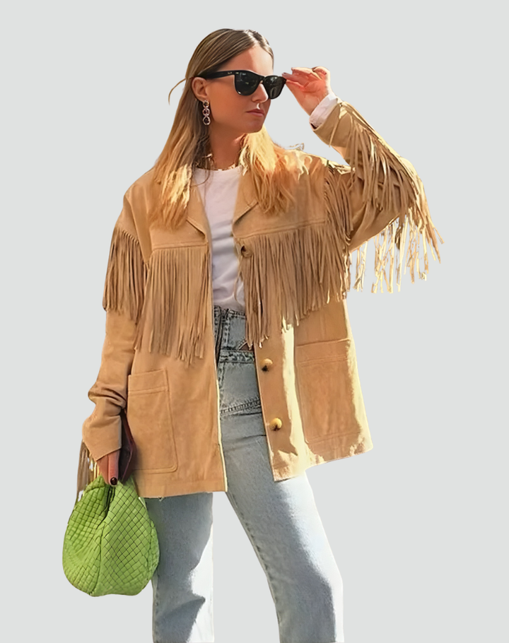 Women's boho suede jacket with fringes and buttons