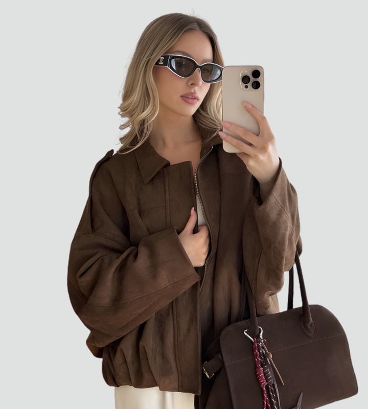 Zamszowa kurtka bomberka damska oversize na zamek