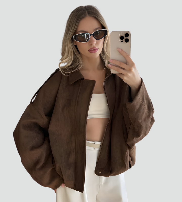 Zamszowa kurtka bomberka damska oversize na zamek