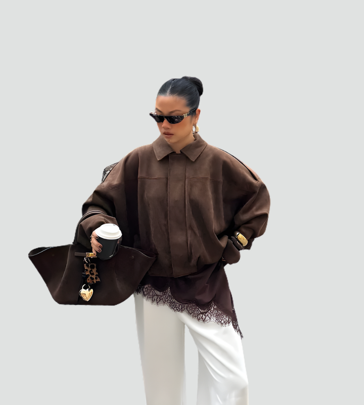 Zamszowa kurtka bomberka damska oversize na zamek