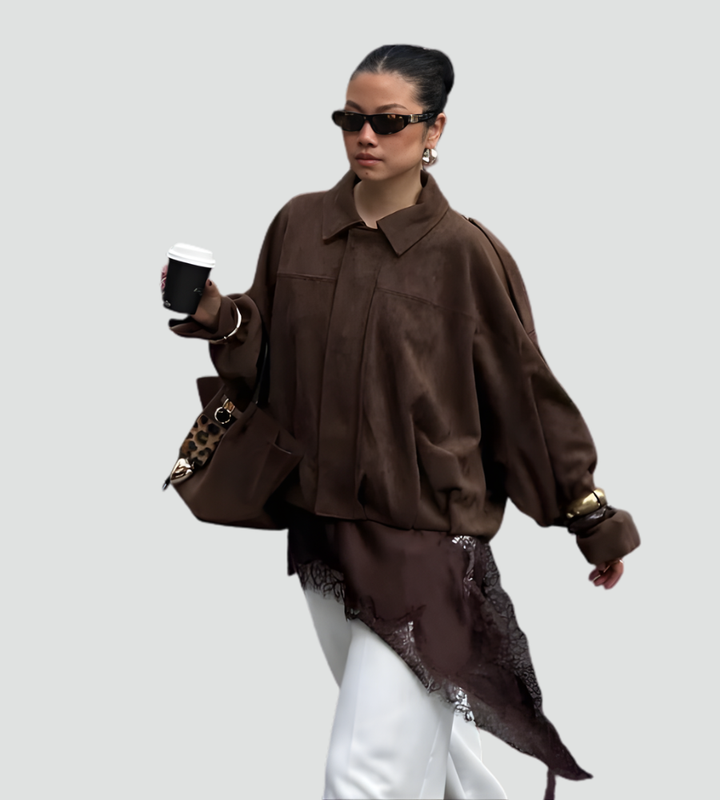 Zamszowa kurtka bomberka damska oversize na zamek