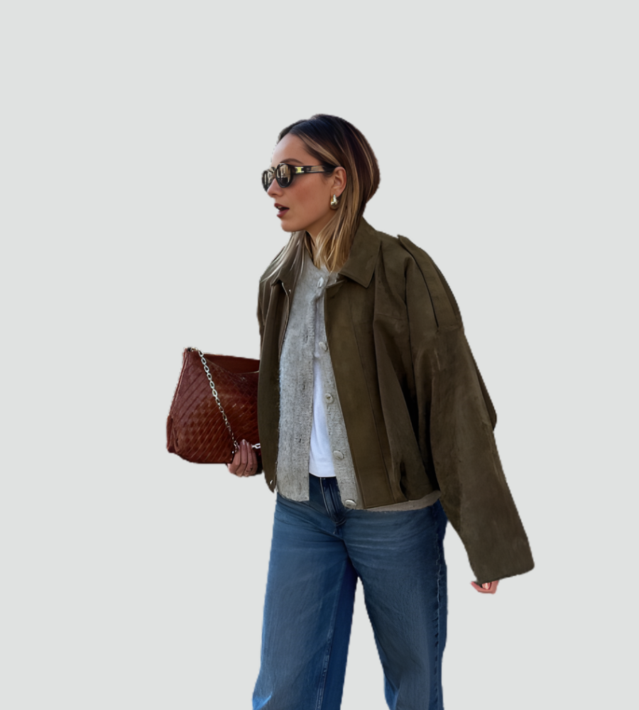 Zamszowa kurtka bomberka damska oversize na zamek