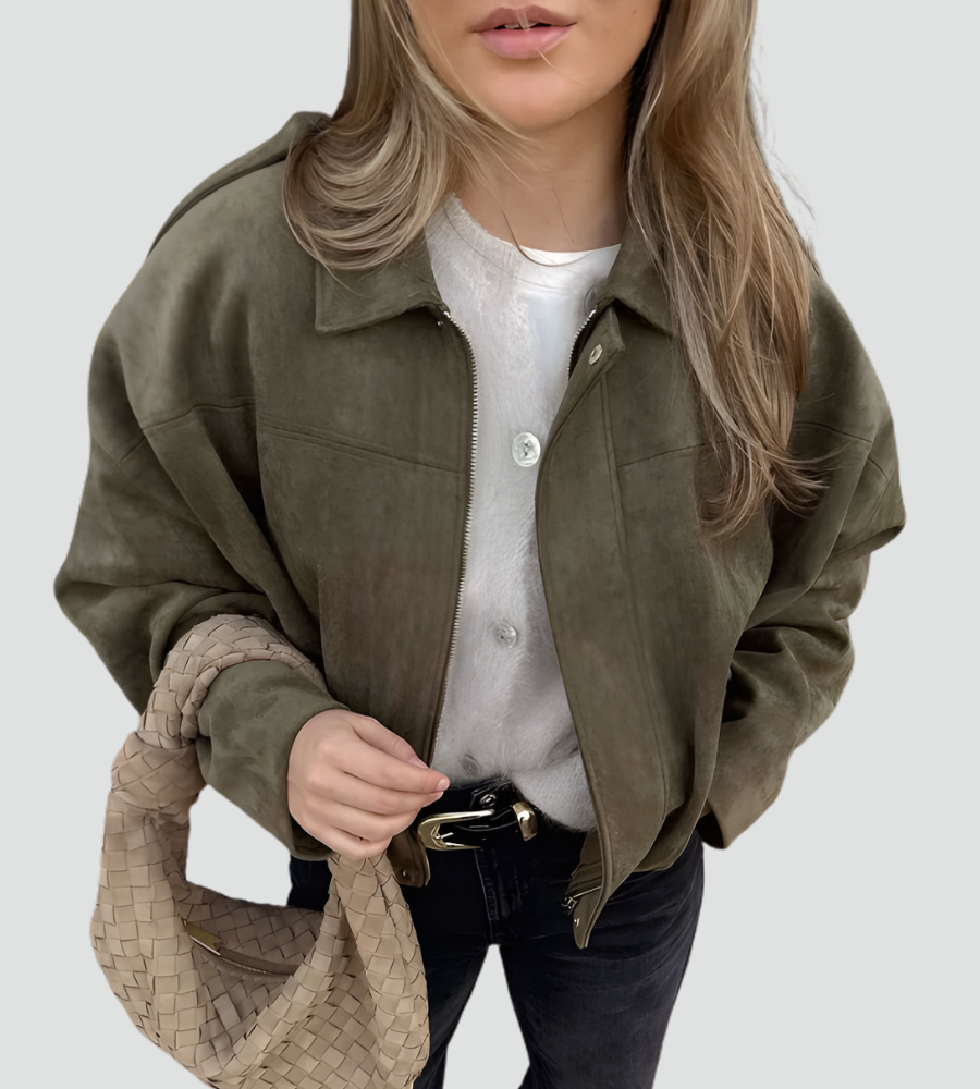 Zamszowa kurtka bomberka damska oversize na zamek